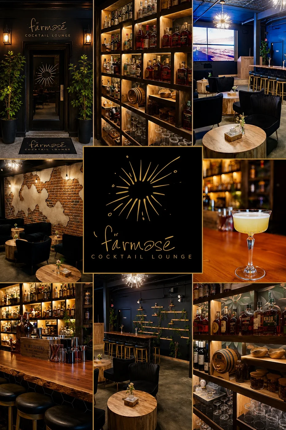 färməsē Cocktail Lounge back bar, moody interior and signature cocktail
