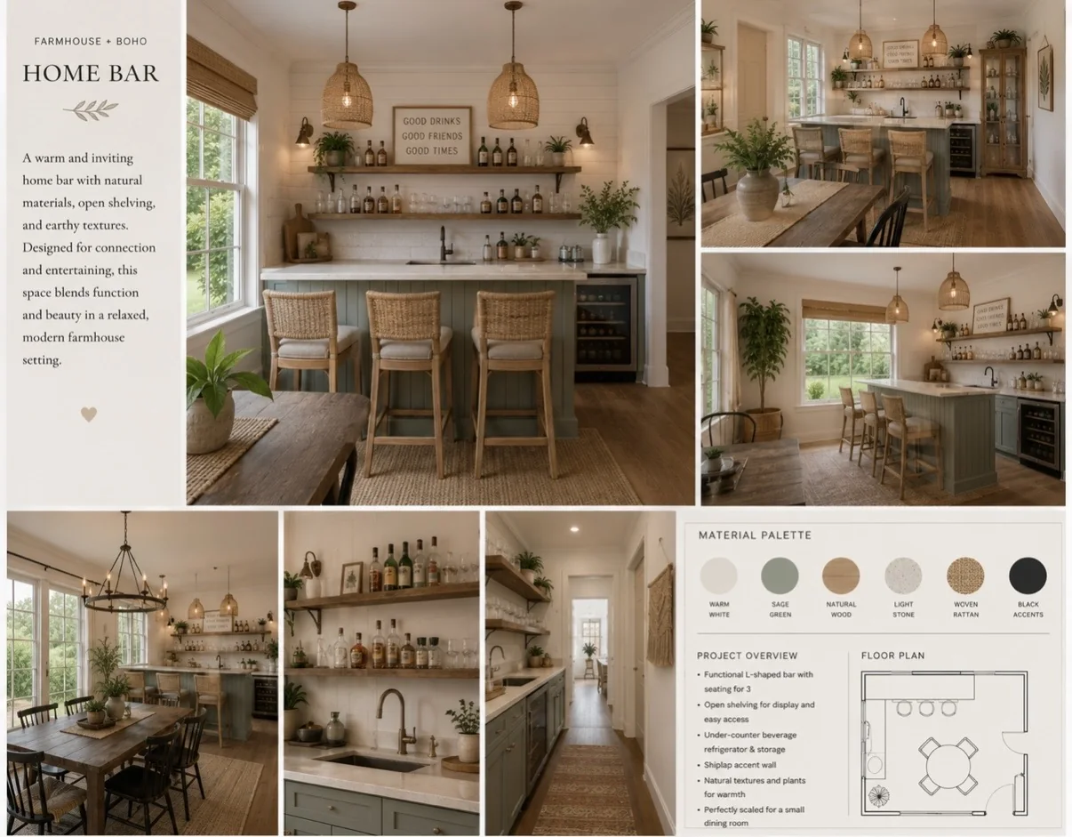 Farmhouse + Boho home bar concept