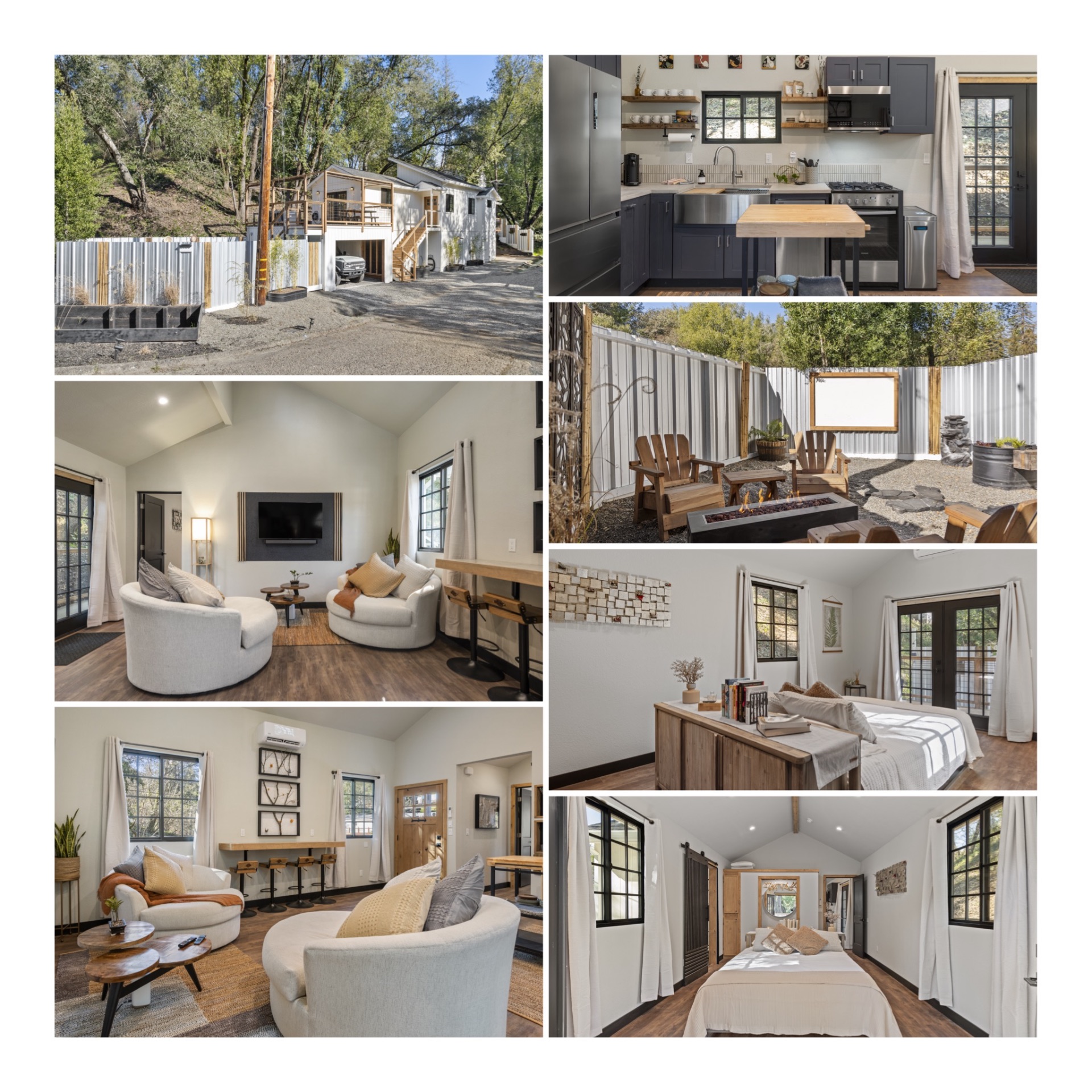 Mirabel short-term rental in Forestville, California: exterior, kitchen, living room, bedroom and fire-pit courtyard