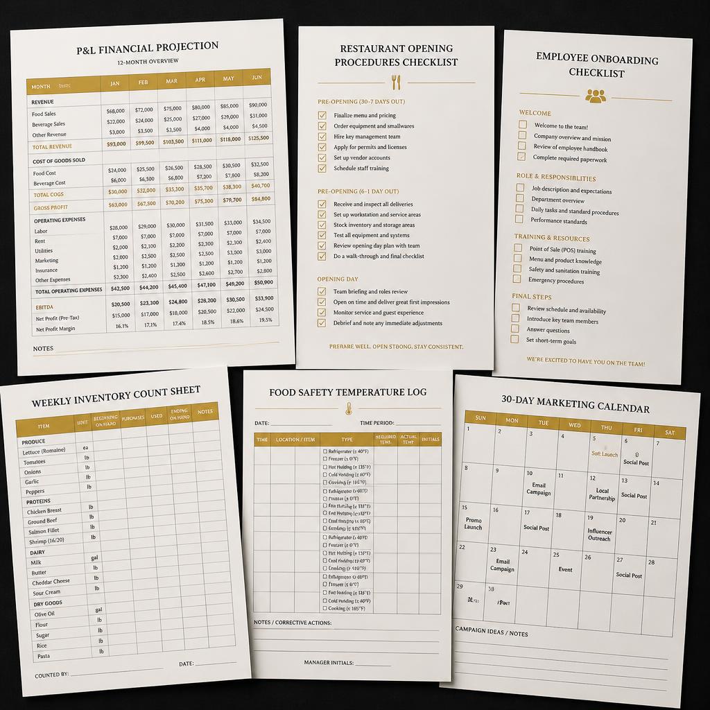 Sample Operators Vault templates: P&L projection, opening checklist, onboarding checklist, inventory sheet, temperature log, and marketing calendar